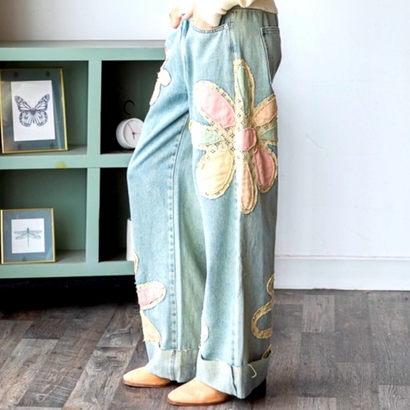 Blue and Pink Flare Jeans with Artistic Butterfly Design - Picture 3 of 15